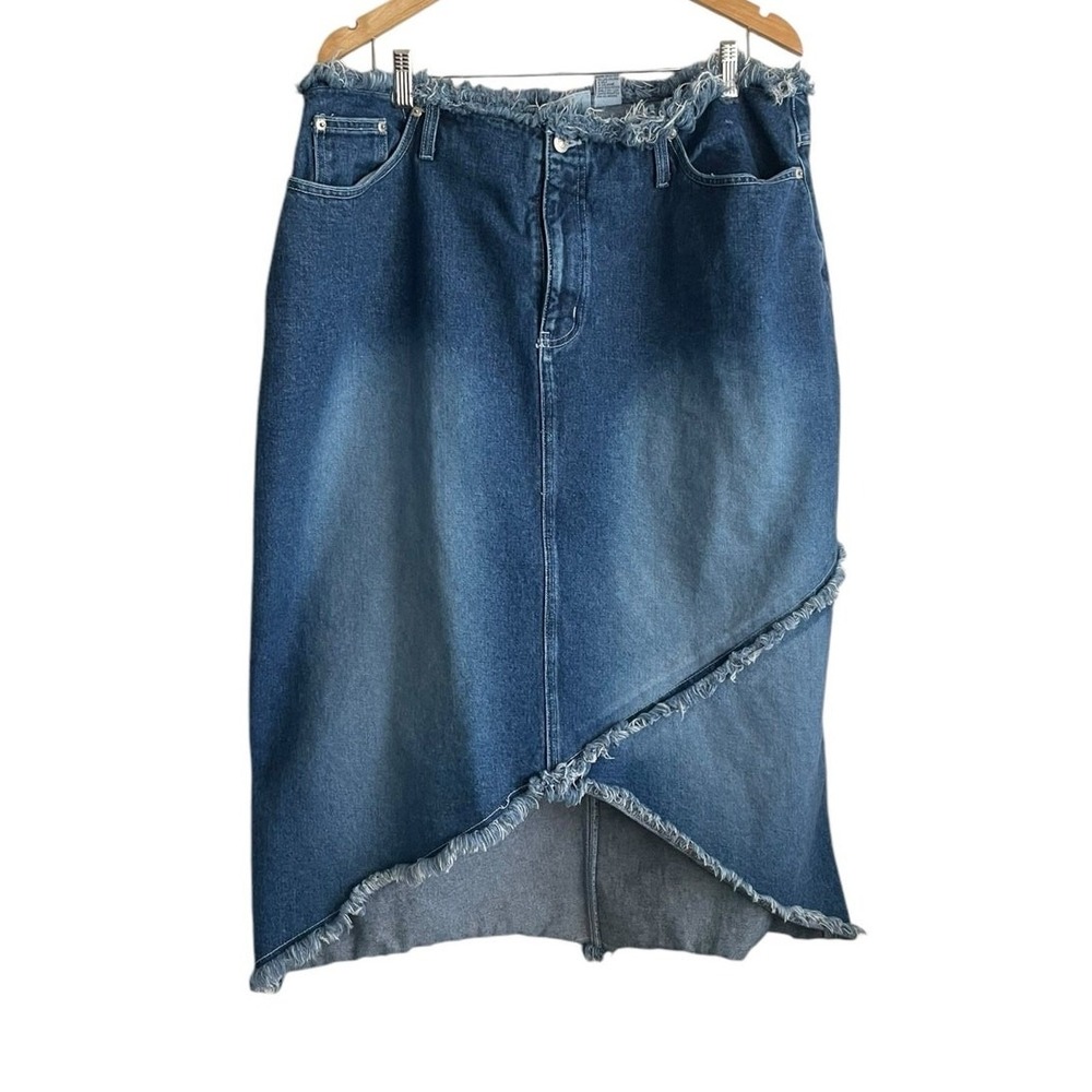 Carolina Blues Women Boho Grunge Denim Skirt 20W Blue Frayed Asymmetrical‎ Hem